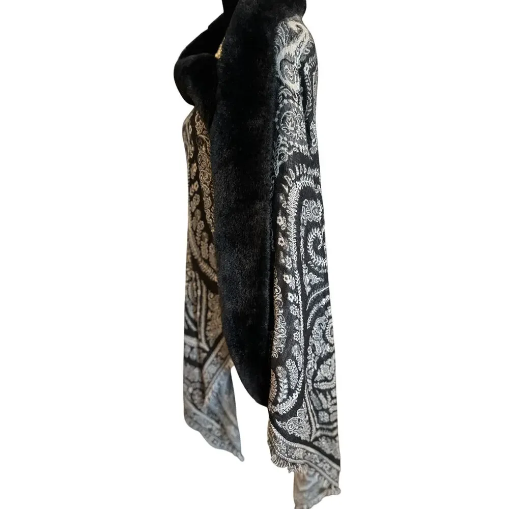Paisley Pashmina Wrap Faux Fur Collar Black Fringe